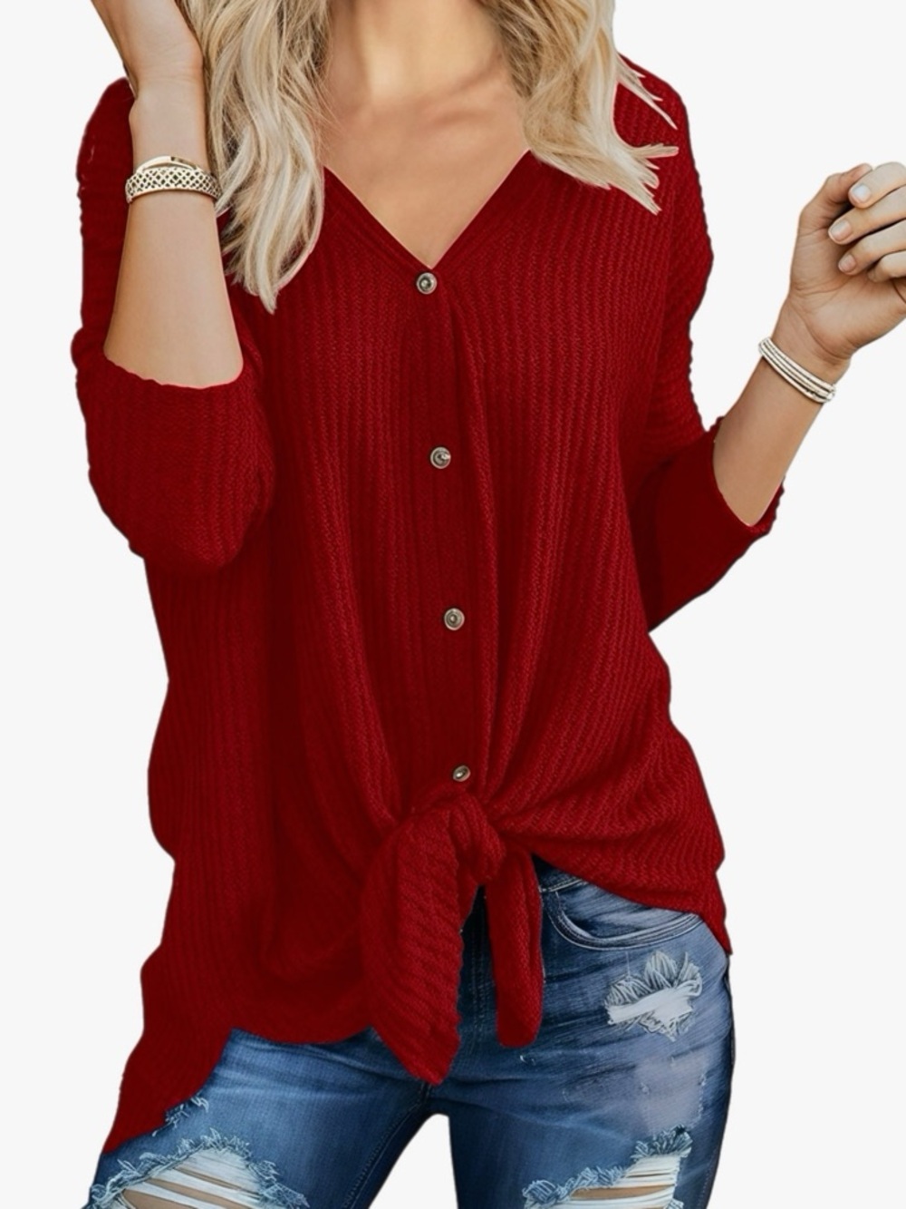 NWT Iwollence Red Button-Front Tie Hem Waffle Knit Top Women’s Size Medium